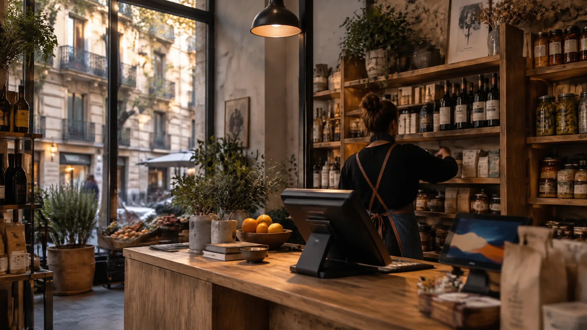 Tienda de barrio con estanterías de madera, un mostrador con tableta de cobro y una pantalla digital