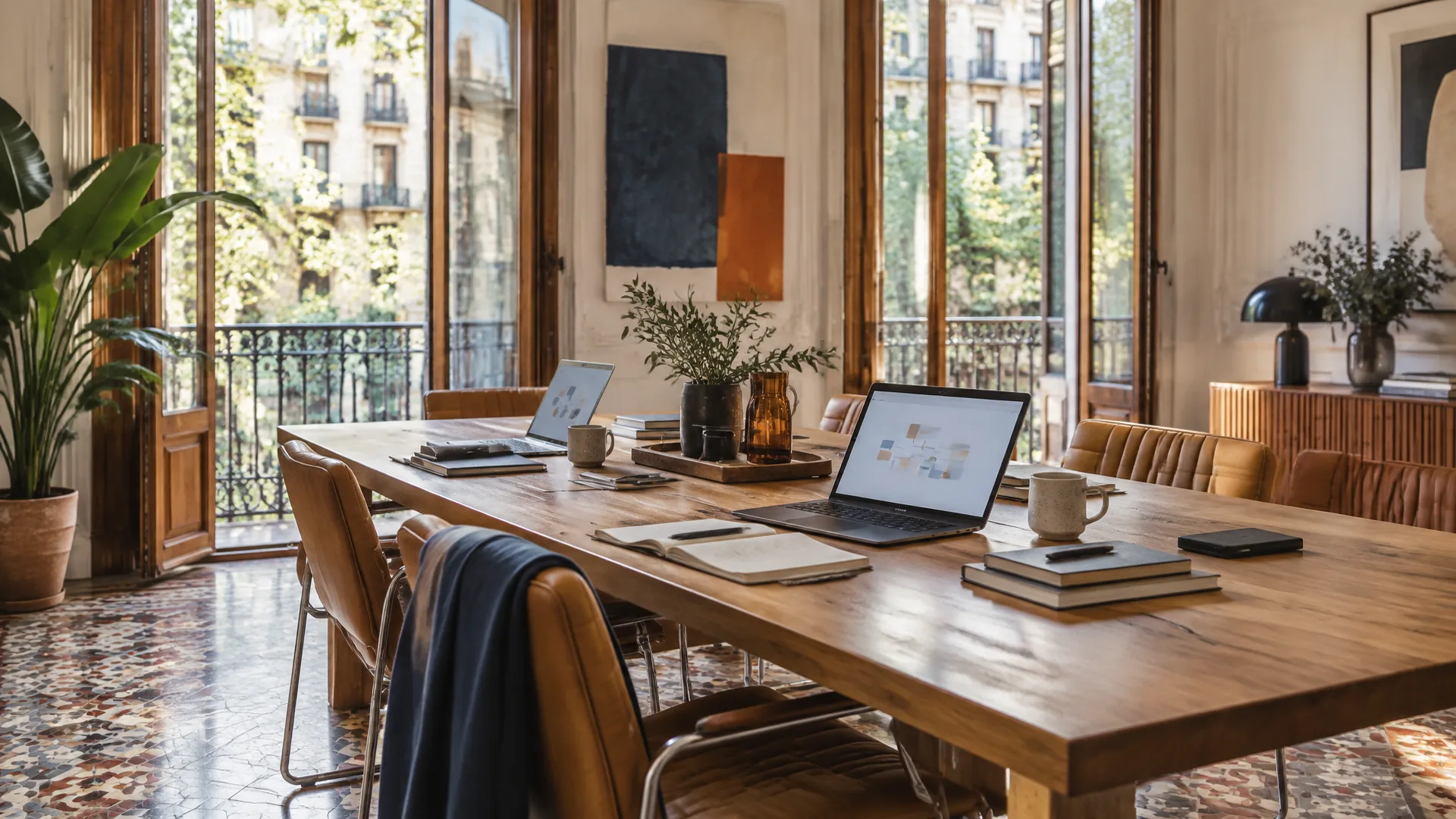 Sala de reunions lluminosa en un edifici modernista de l'Eixample amb portàtils que mostren diagrames de processos