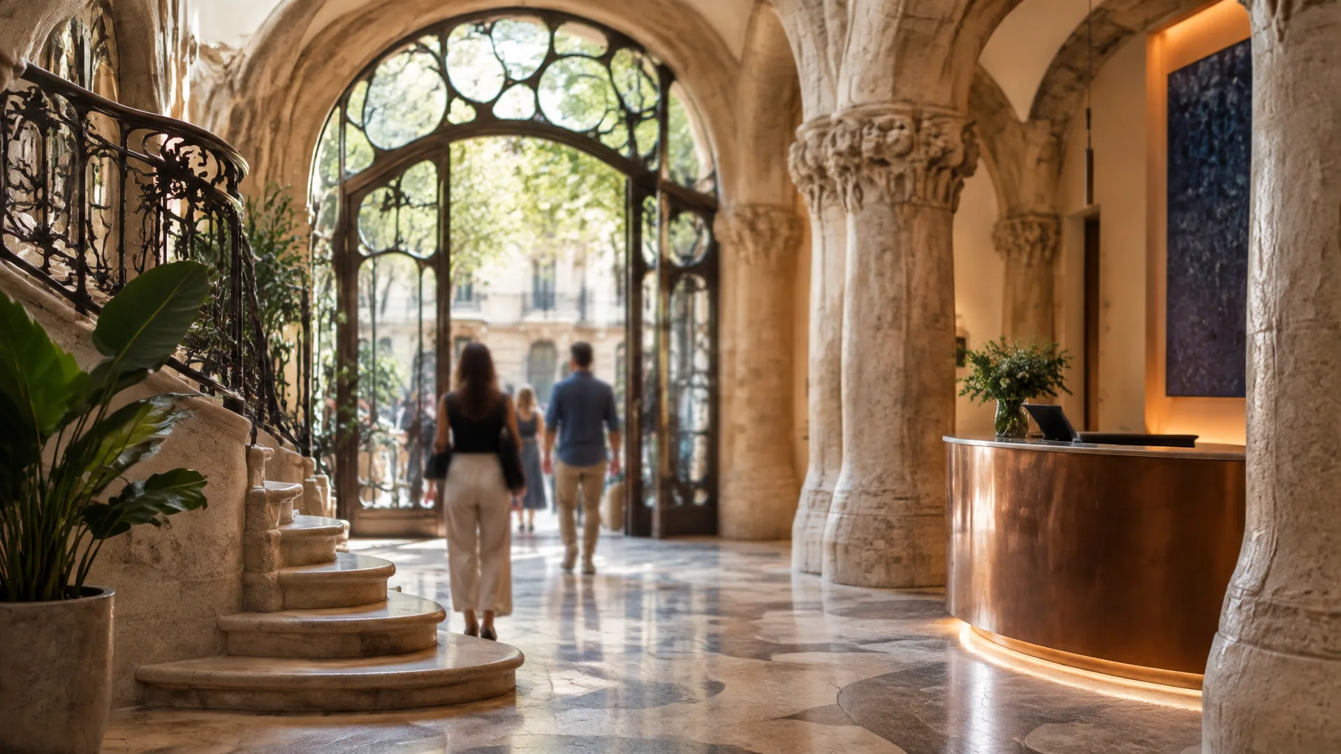 Vestíbul d'un edifici modernista fet servir com a espai cultural, amb visitants d'esquena i un taulell de recepció