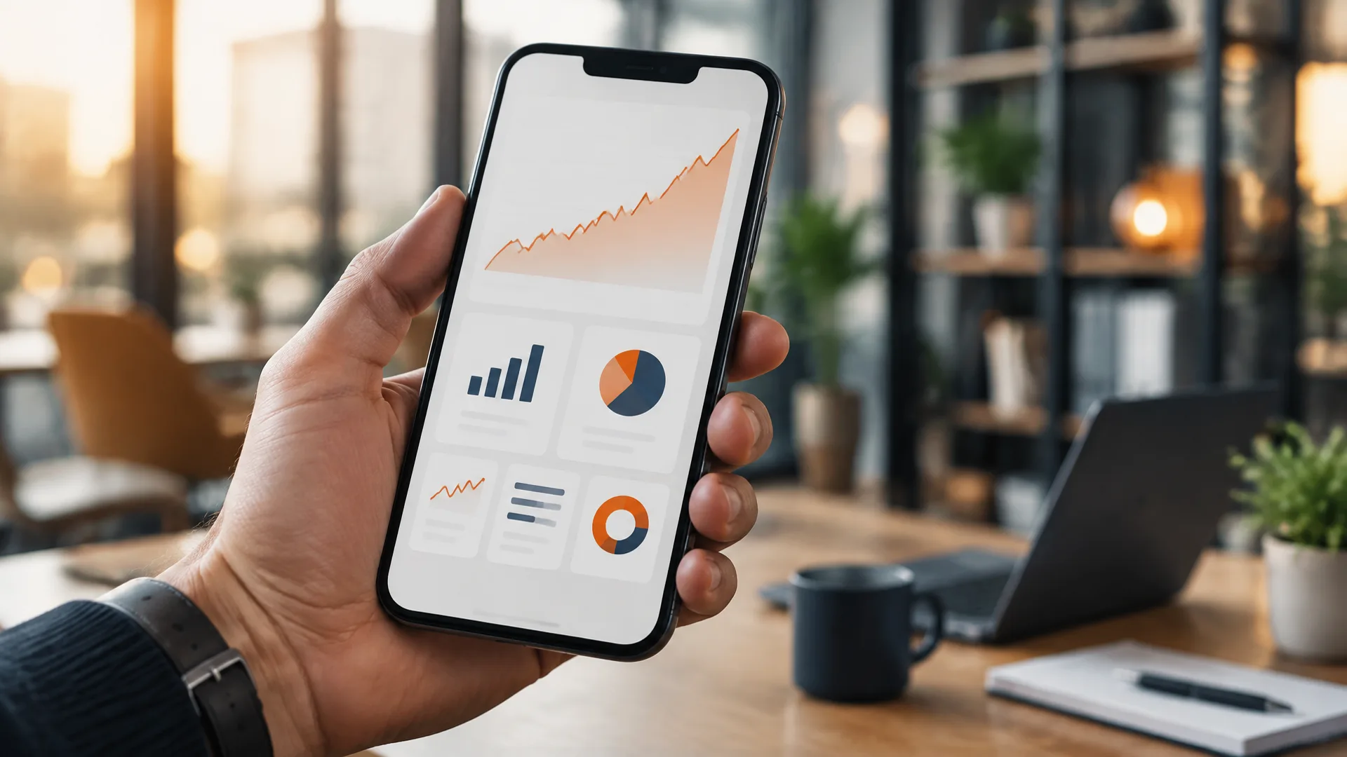 Hand hält ein Smartphone mit steigenden KPI-Diagrammen