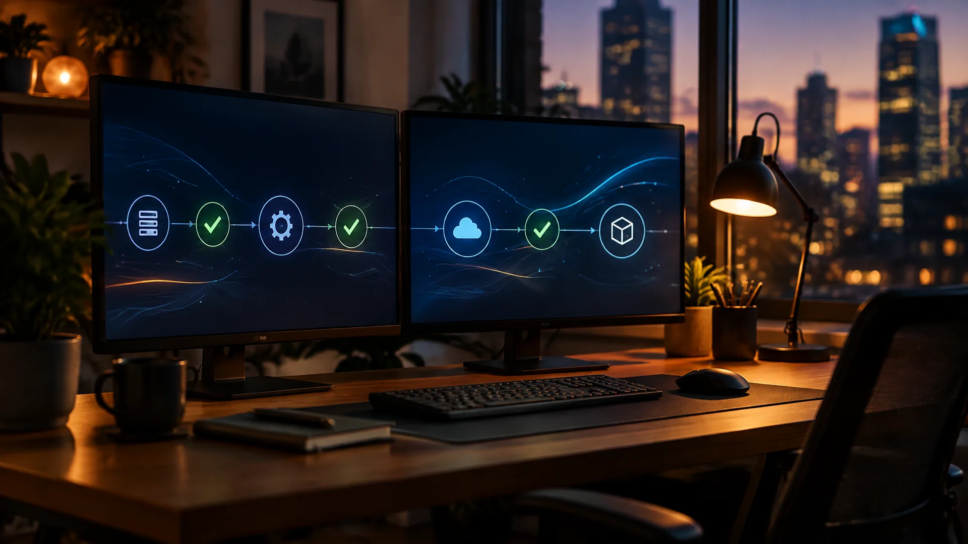 Lloc de treball al capvespre amb dos monitors que mostren un flux de desplegament completat