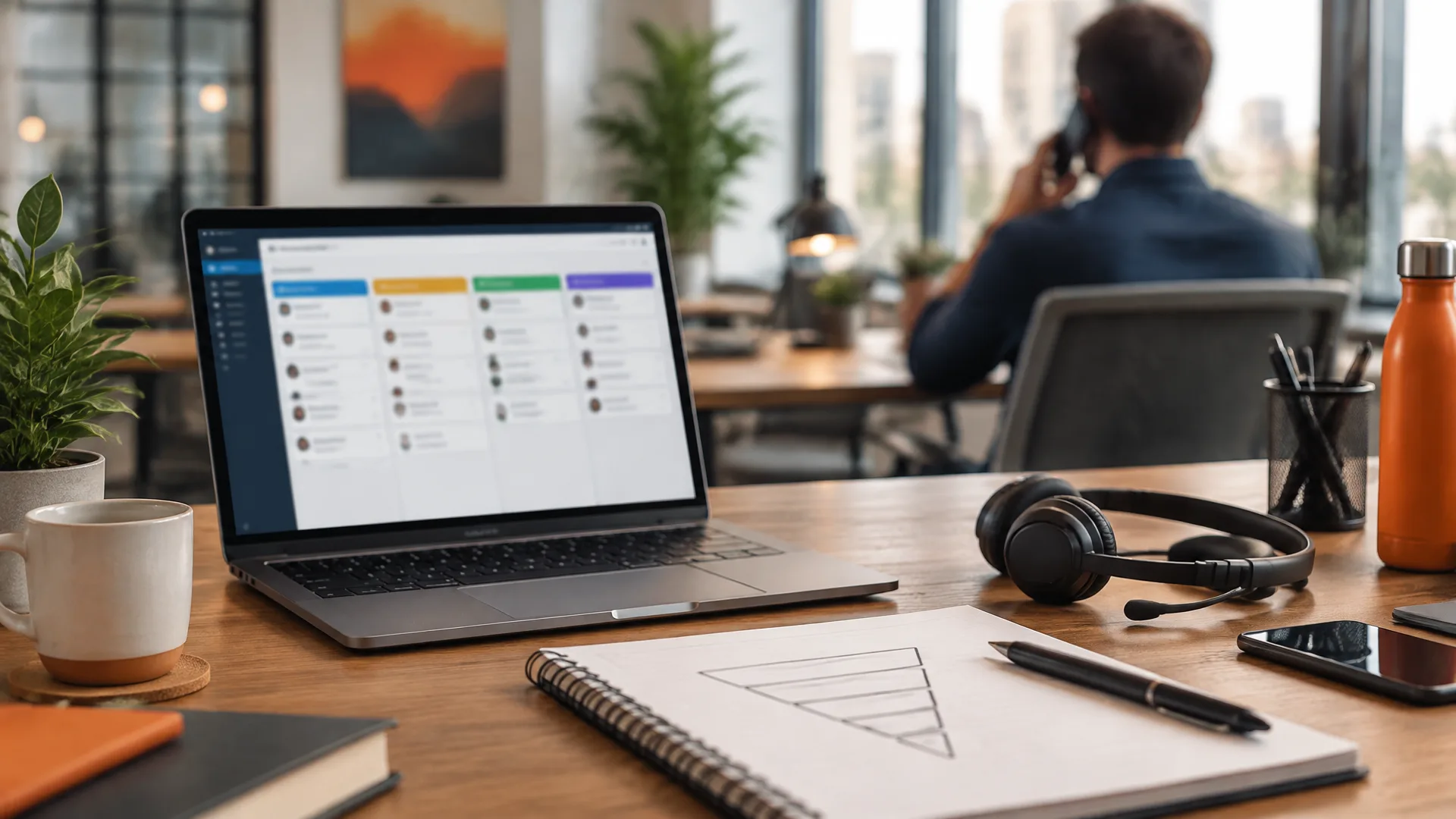 Portátil con un embudo de ventas en columnas, unos auriculares y una libreta en un espacio de trabajo comercial