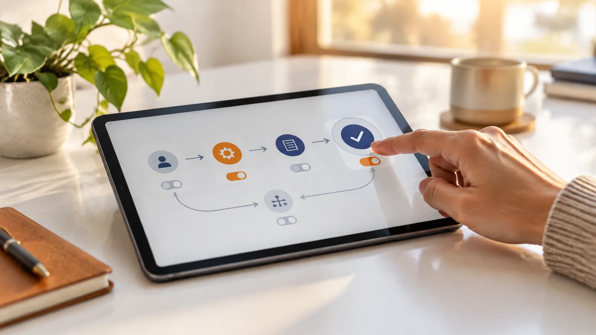 Hand bestätigt einen Schritt eines automatisierten Ablaufs auf einem Tablet
