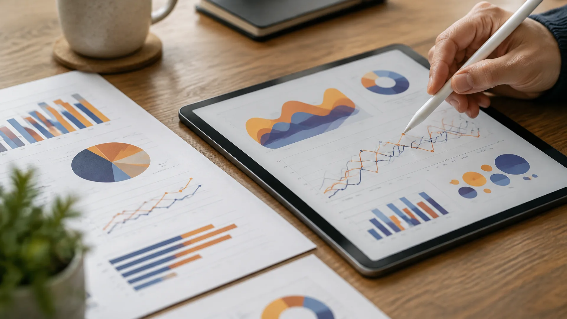 Hand with a stylus on a tablet showing charts next to printed reports