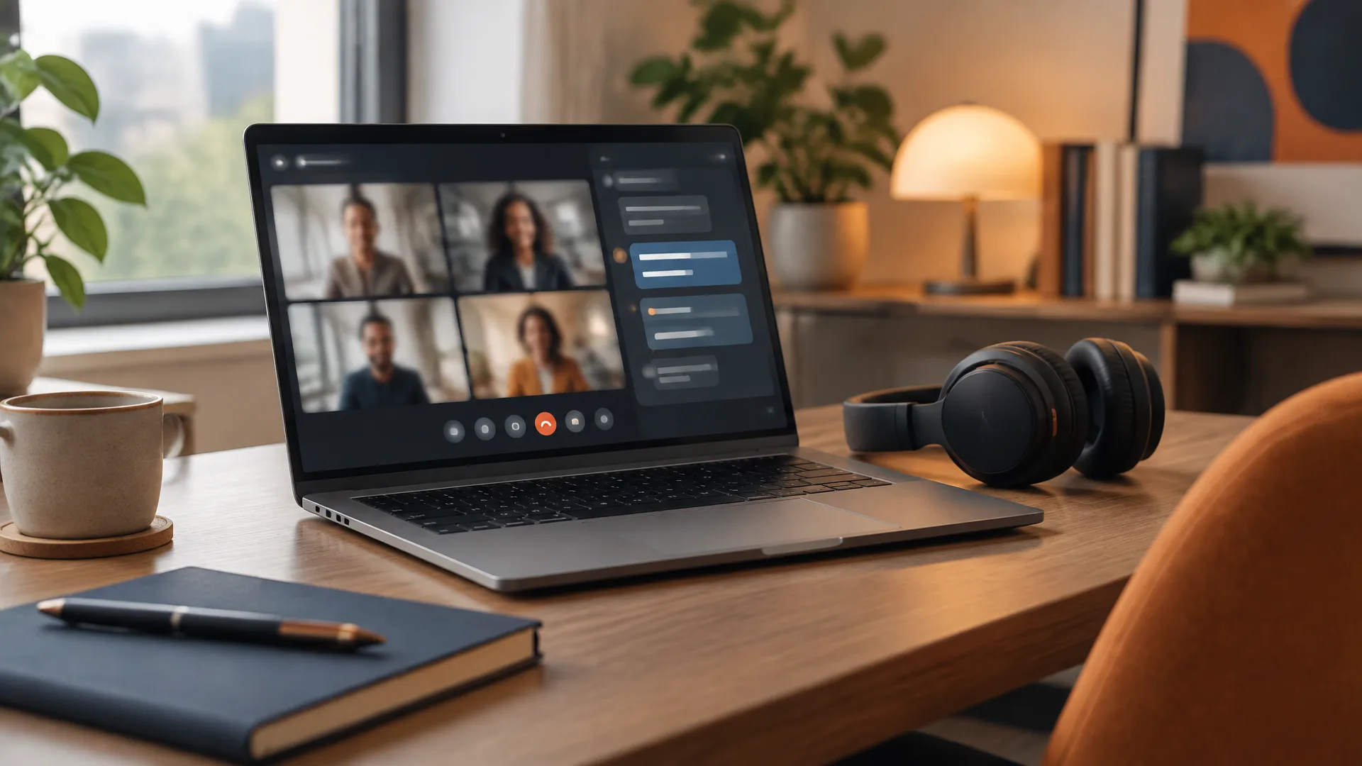 Portàtil amb una videotrucada d'equip i auriculars sobre la taula