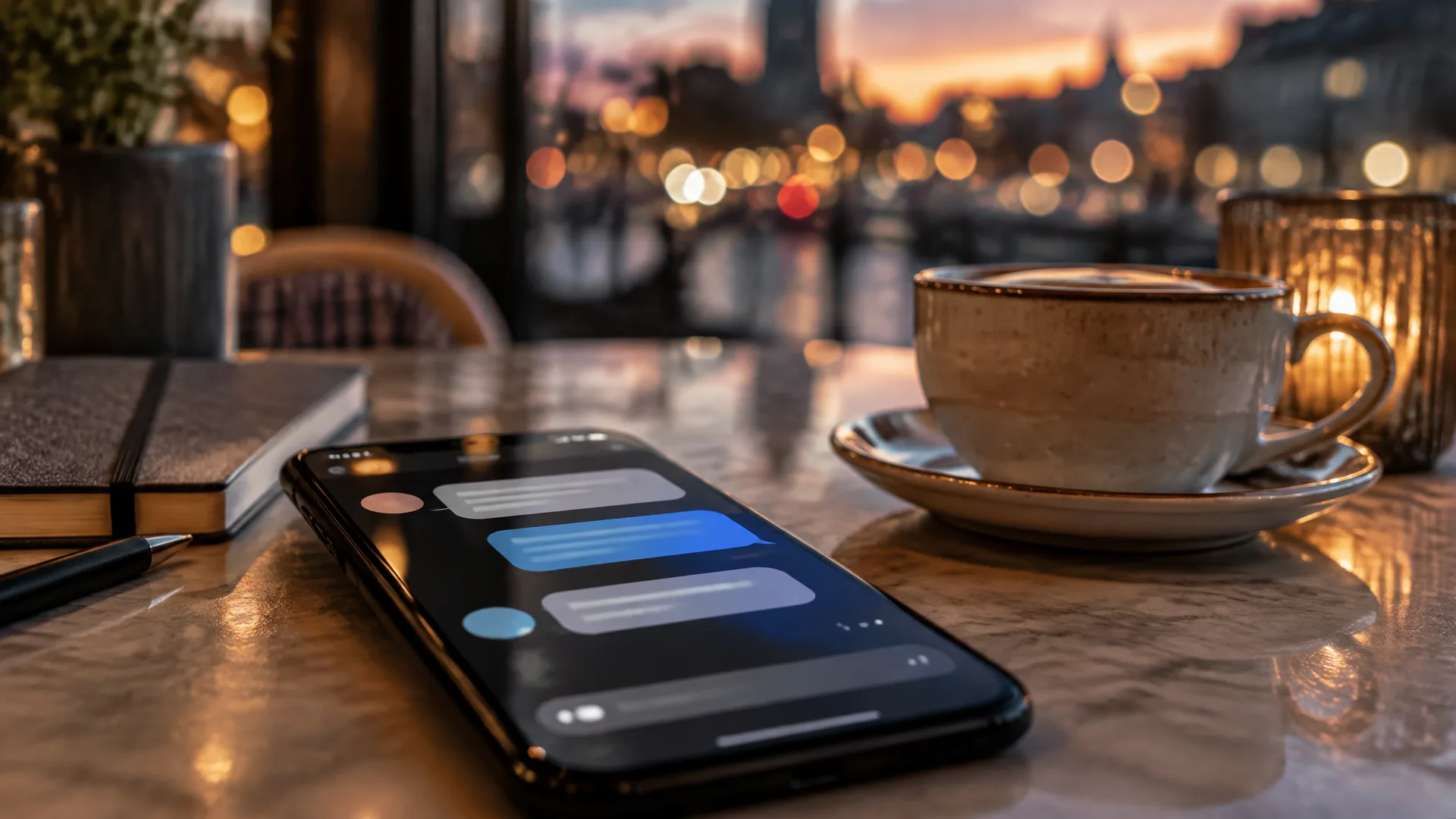Móvil sobre una mesa con una conversación de chat en pantalla junto a una taza de café