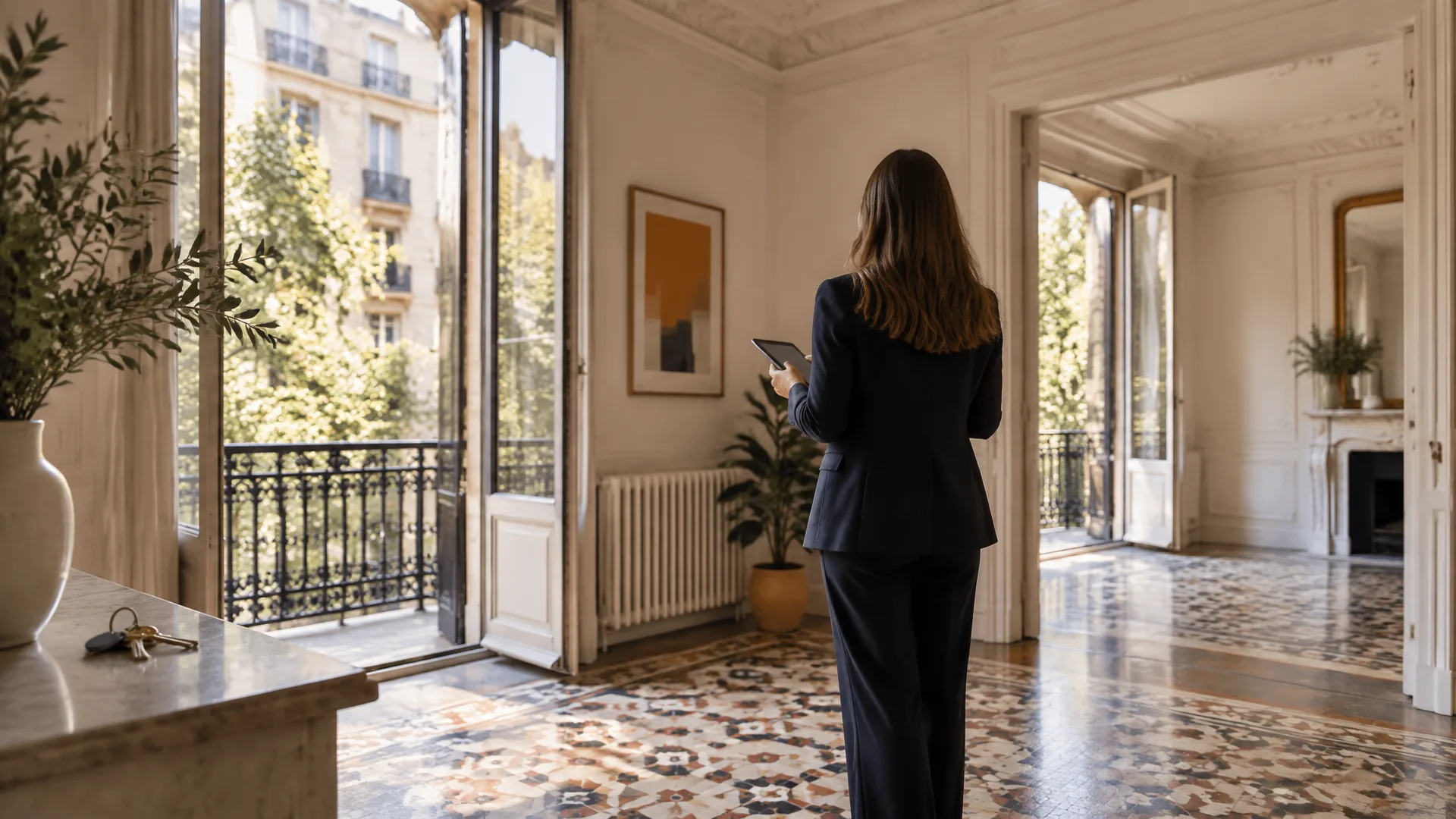 Helle Wohnung im Eixample mit offenen Balkontüren und einem Immobilienmakler von hinten mit einem Tablet