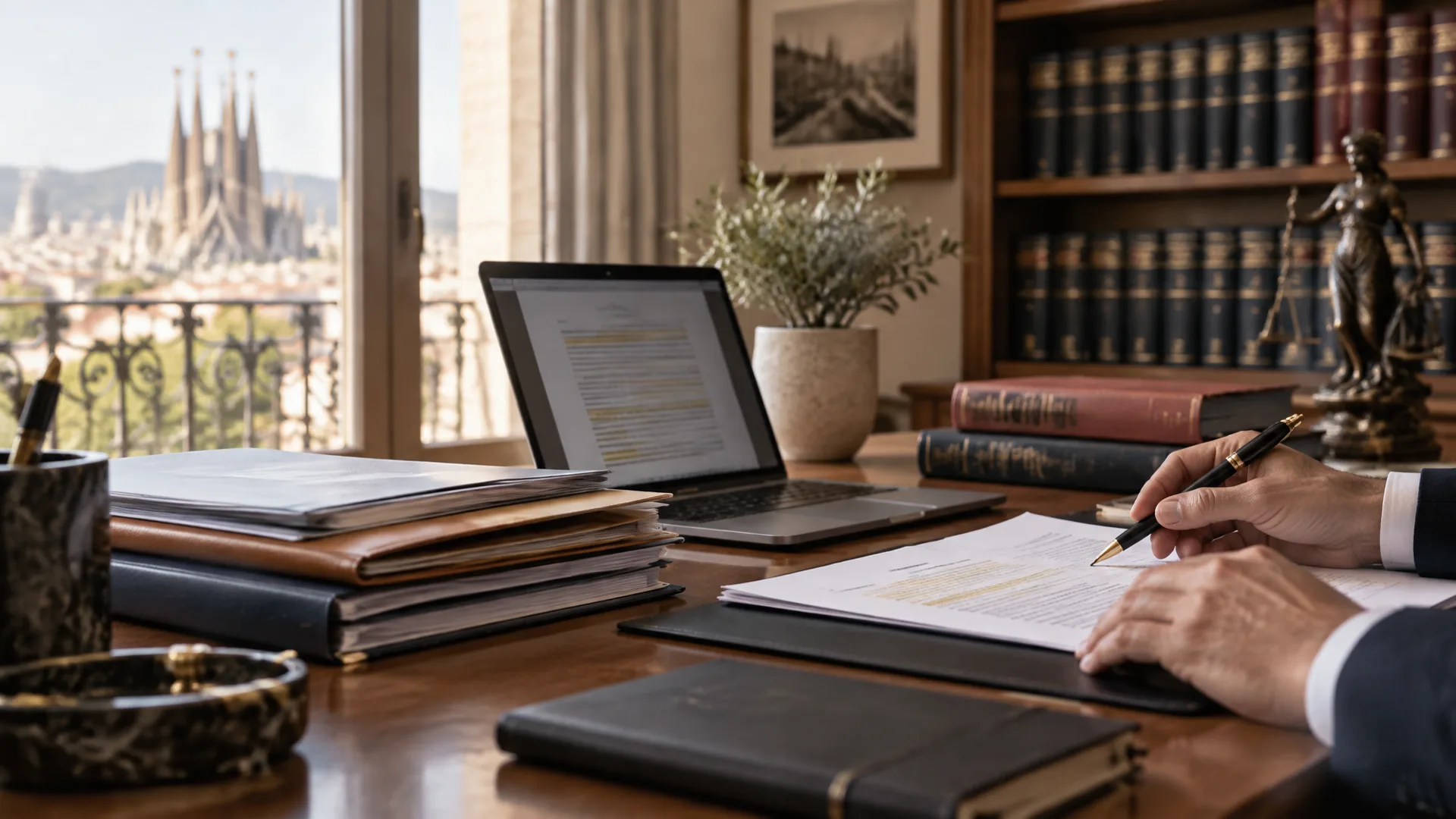 Office desk with contract folders, a laptop showing a highlighted document and law books in the background