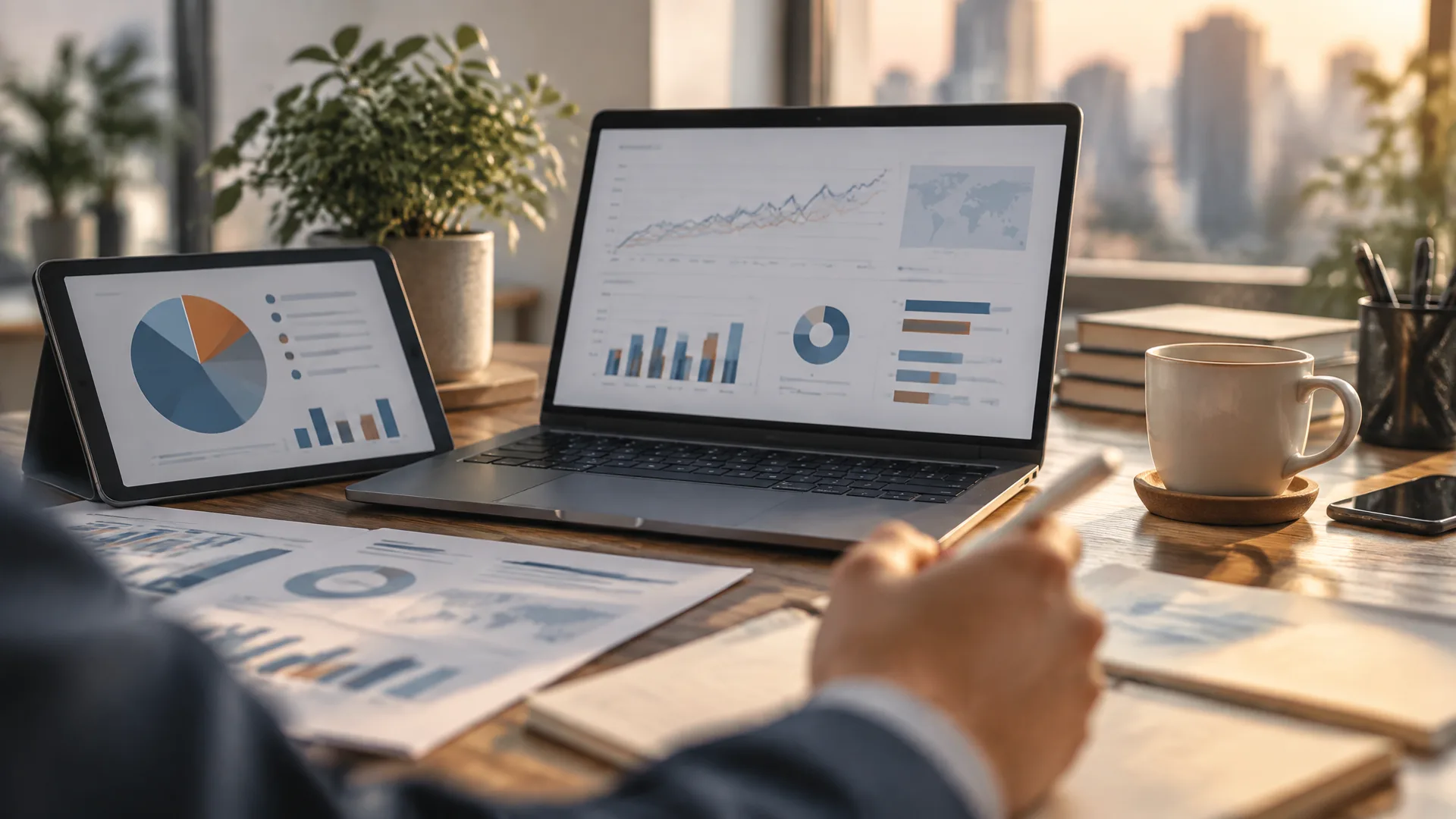 Laptop mit einem Diagramm-Dashboard, ein Tablet und mehrere ausgedruckte Berichte auf einem Schreibtisch