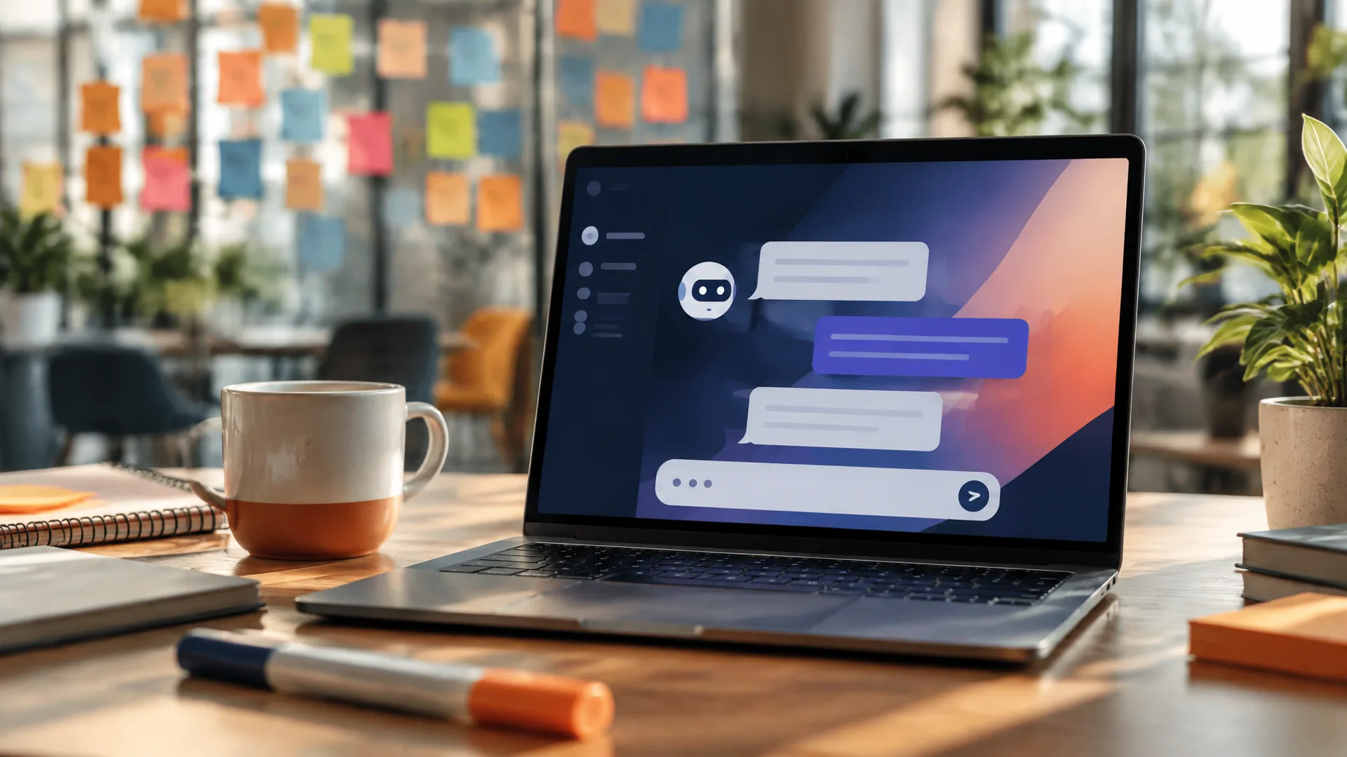 Portàtil amb un xat d'IA a la pantalla i notes adhesives de colors al fons