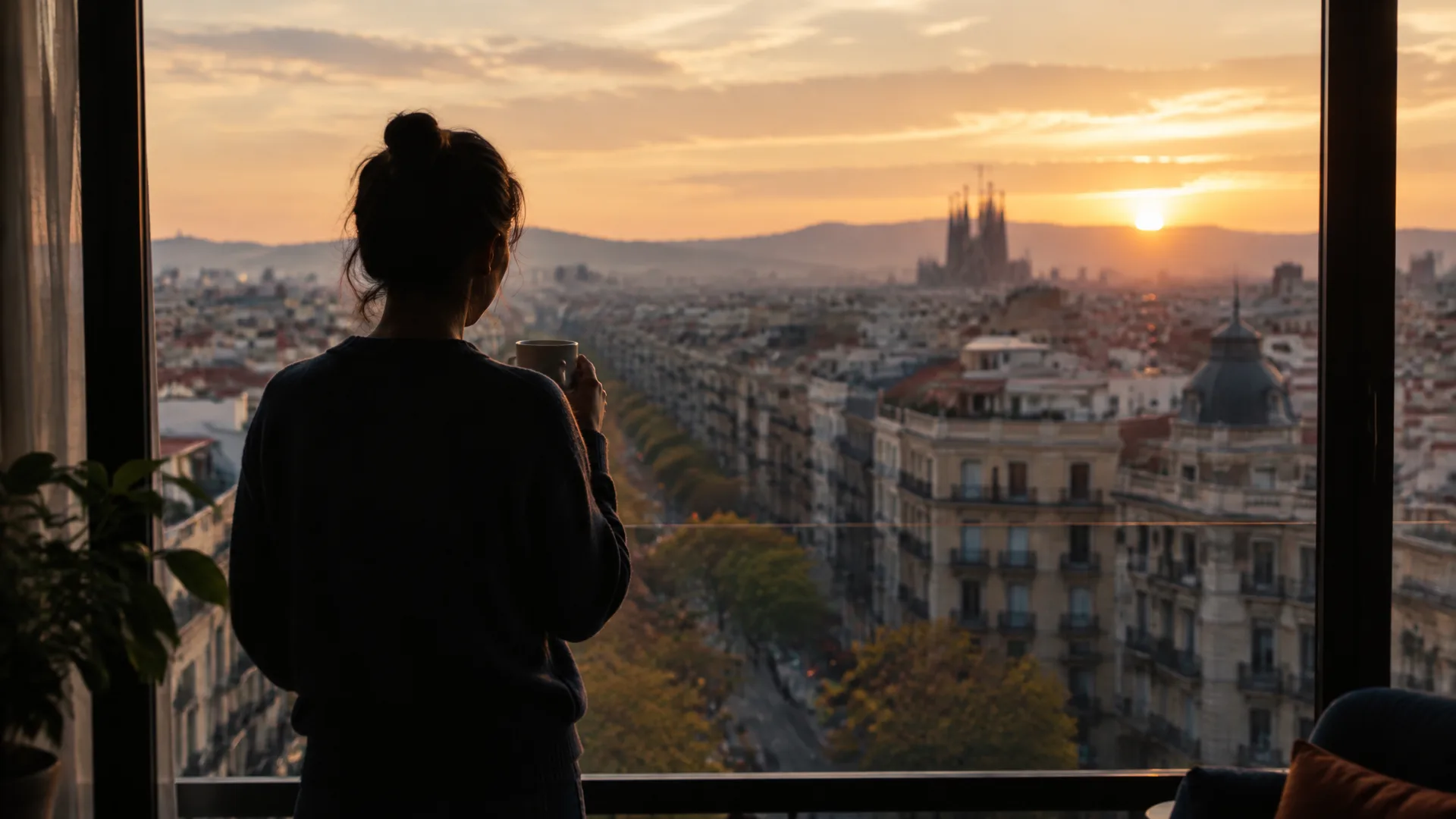 Person mit einem Kaffee blickt bei Sonnenaufgang über die Dächer von Barcelona