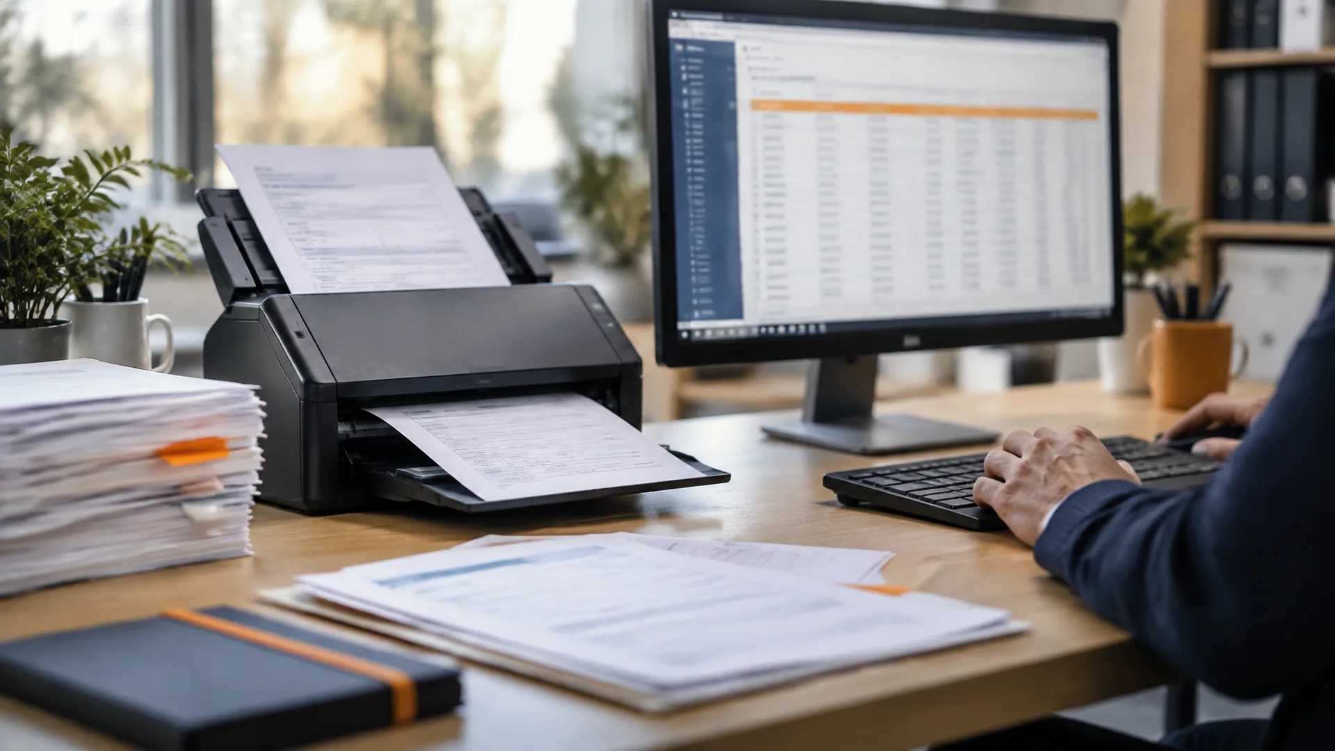 Escáner de documentos con facturas y albaranes junto a un monitor que muestra una tabla de datos extraídos
