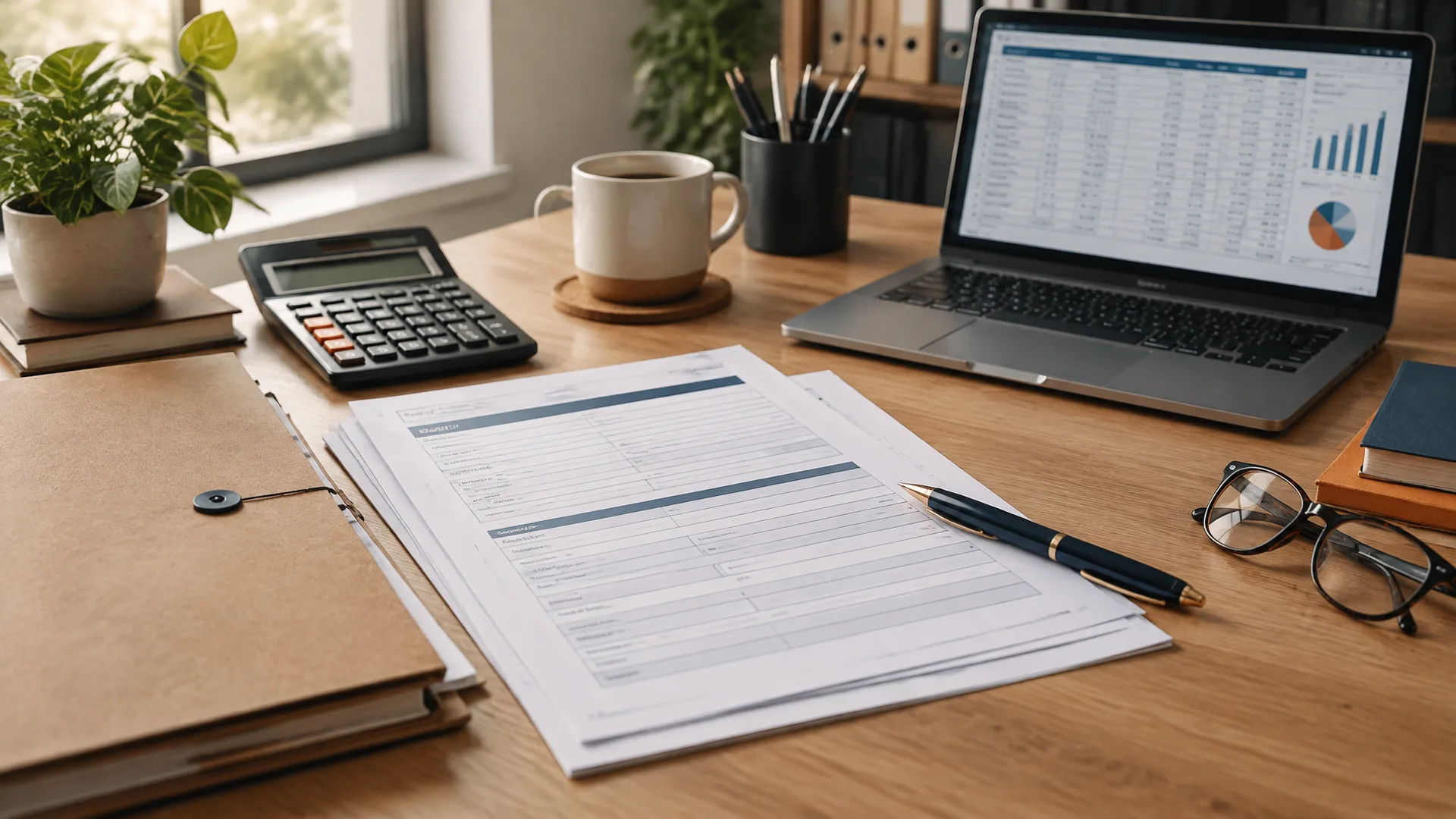 Escritorio con formularios, una carpeta, una calculadora y un portátil preparados para solicitar una ayuda