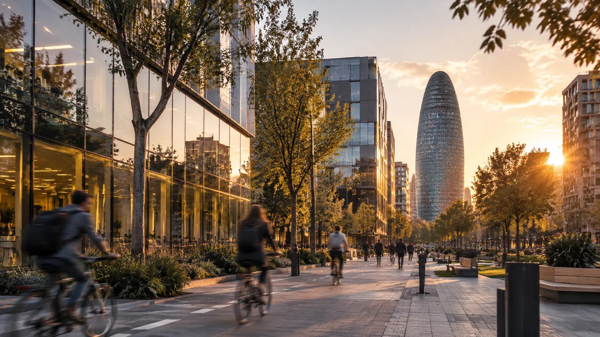 Districte tecnològic 22@ de Barcelona al capvespre amb la Torre Glòries al fons
