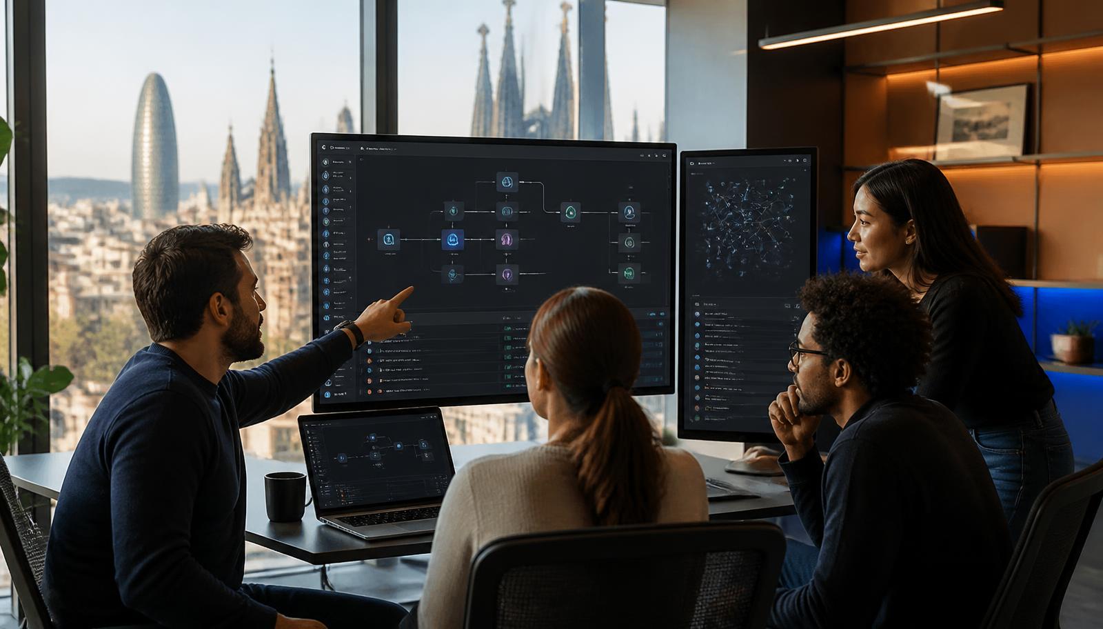 Equipo revisando el flujo de trabajo de un agente de inteligencia artificial integrado en sistemas de empresa